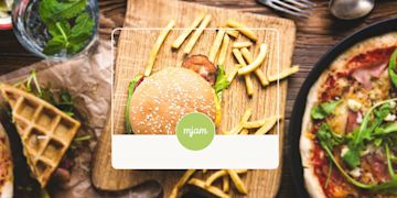 Burger, Pizza, Pommes und Waffeln von oben, gerahmt vom mjam Logo.