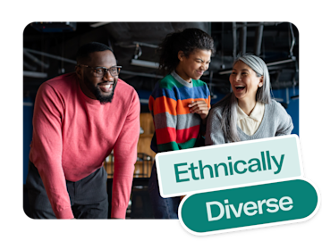 A man with a beard and glasses smiles widely next to two women who are also laughing. The words "Ethnically Diverse" are overlaid on the image.

