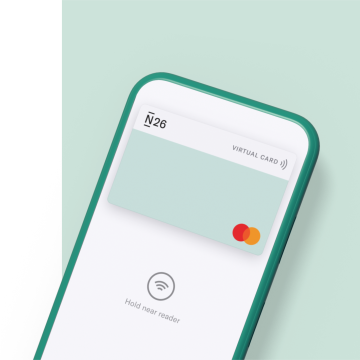 N26 Banking App mit virtueller Mastercard auf hellgrünem Hintergrund.