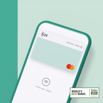 N26 banking app showing a virtual mastercard on a light green background with Forbes best bank logo.