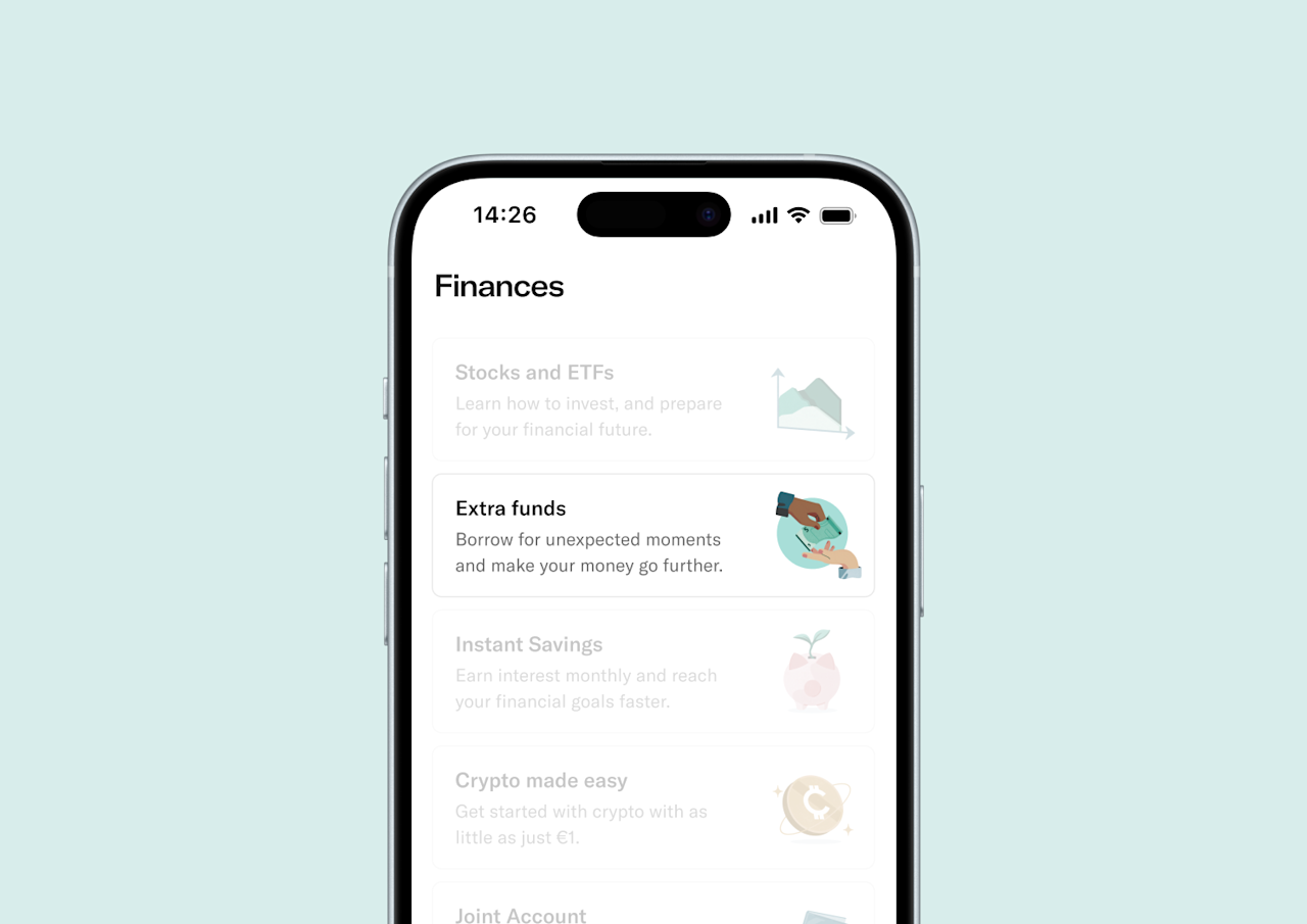 A smartphone displays the N26 finance menu with options for stocks, extra funds, savings, and crypto.