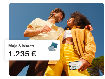 Marco and Maya hugging outdoor. Marco is holding his N26 card and Marco his mobile. In the foreground, there is a pop up showing the rent expense and other with Marcos deposit.