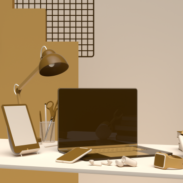 Immagine di laptop, tablet, cellulare, smartwatch ed elettronica su una scrivania.