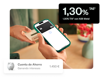 Un smartphone se utiliza para un pago sin contacto, con texto superpuesto que muestra ahorros y la tasa de interés del 1,30 % AER.