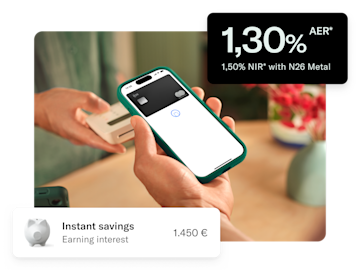A smartphone is used for a contactless payment, with overlaid text showing savings and the 1.30% AER interest rate.