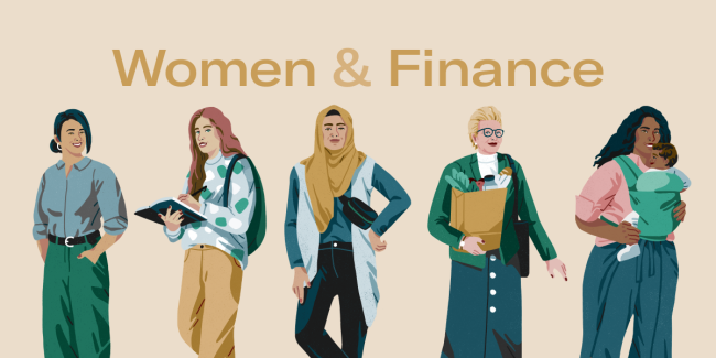 An illustration of many different women around the headline Women & Finance.