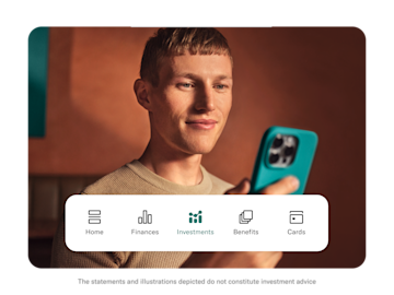 A smiling man holds a smartphone, with the bottom navigation bar of the app showing the "Investments" tab highlighted.