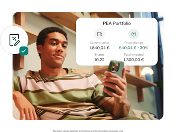  A man looks at his phone displaying his PEA Portfolio with a price change of +30%.