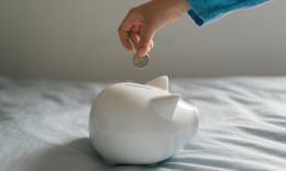Eine Hand steckt Geld in ein Sparschwein.
