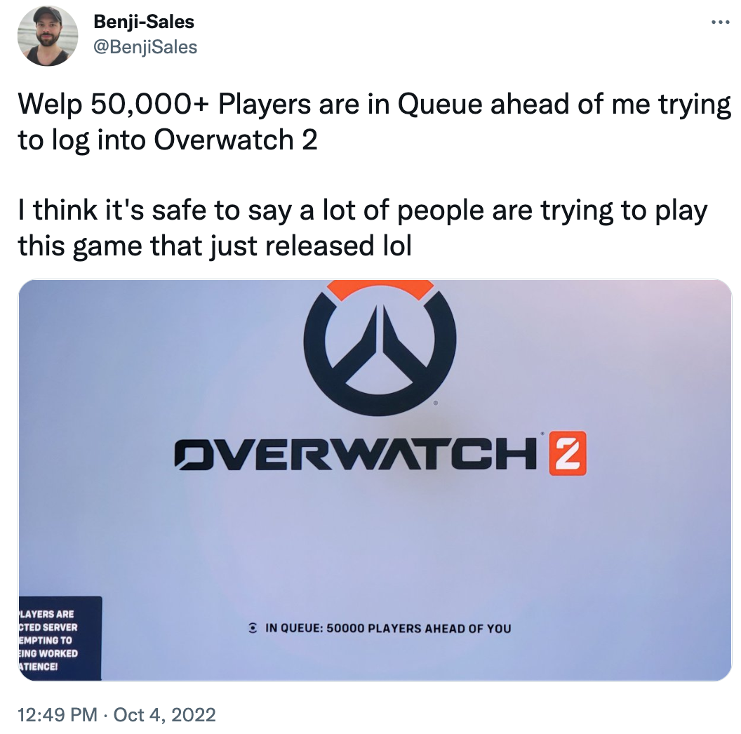 Tweet from @BenjiSales: Welp 50,000+ Players are in Queue ahead of me...