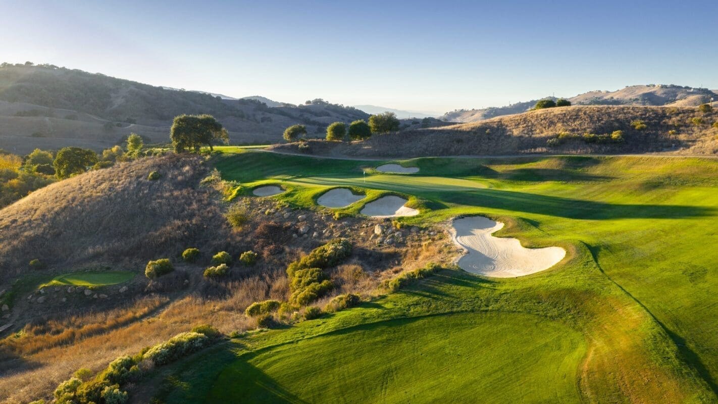 Aerial of a bunkered green on the Lake nine at Cinnabar Hills Golf Club
