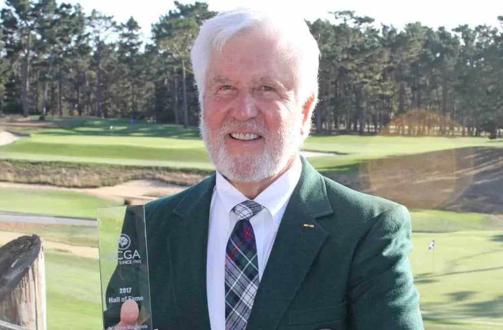 Gary Nelson at Poppy Hills holding the 2017 NCGA Hall of Fame award he accepted on behalf of Alister MacKenzie. Photo courtesy of the Northern California Golf Association; source: official NCGA memorial (blog.ncga.org/the-ncga-mourns-the-loss-of-dr.-gary-nelson). Used for editorial coverage.