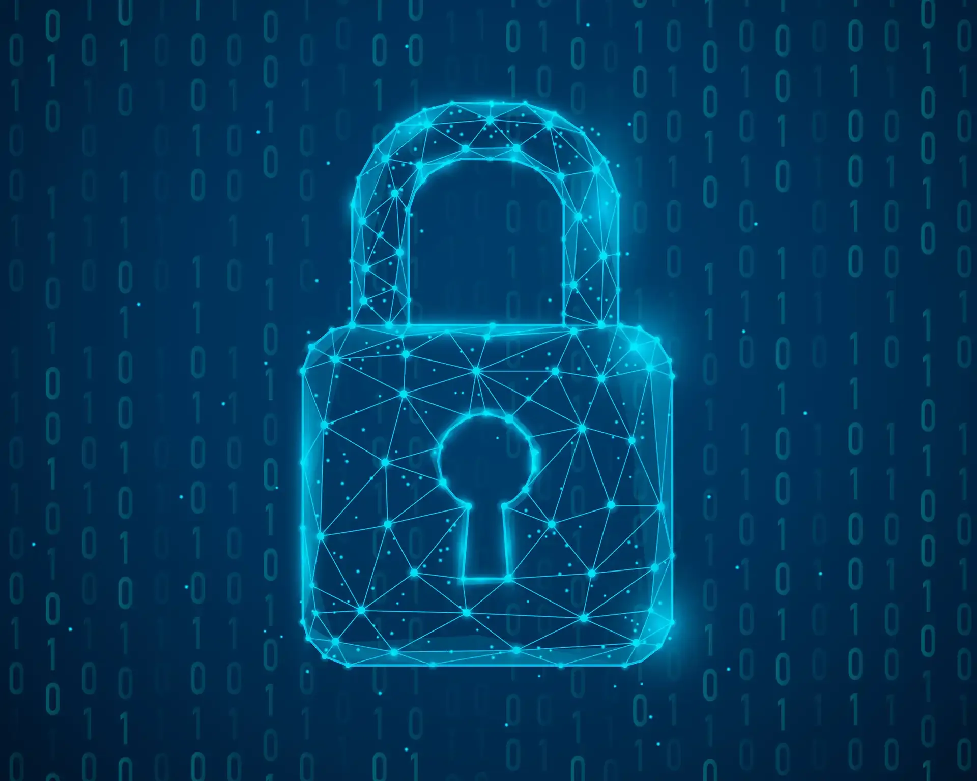 Digital padlock icon made of glowing network lines over a background of binary code.