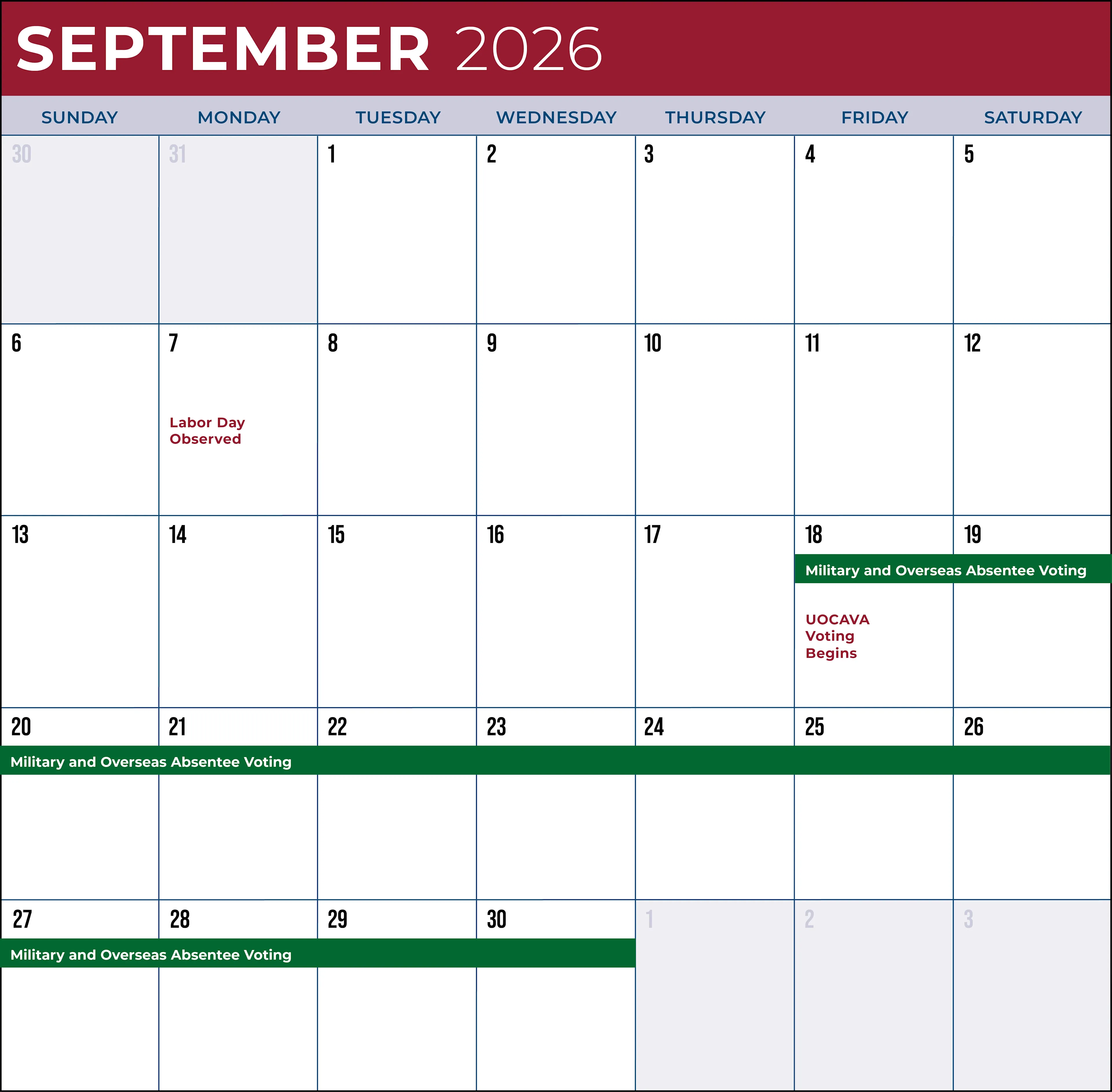 September 2026 voting calendar highlighting military and overseas absentee voting beginning September 18.
