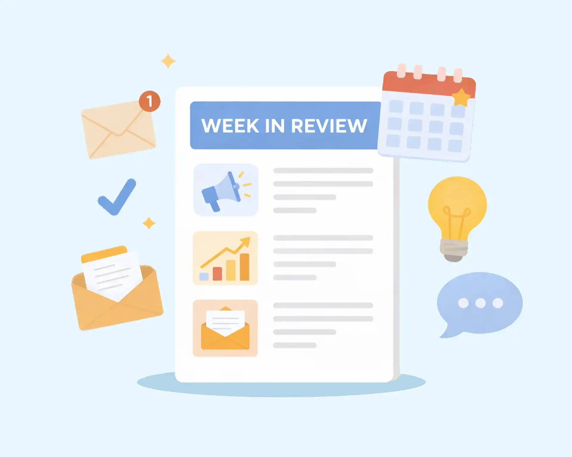 Illustration of a ‘Week in Review’ newsletter with icons for email, calendar, updates, and ideas.