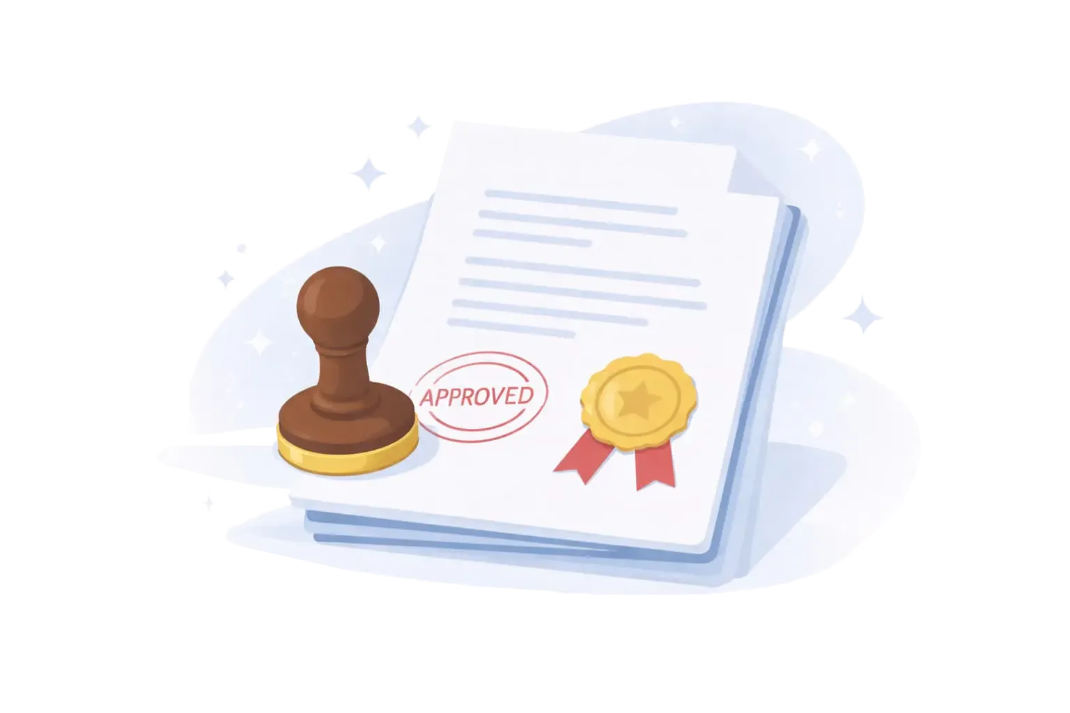 Illustration of a notarized document with an approval stamp and seal.