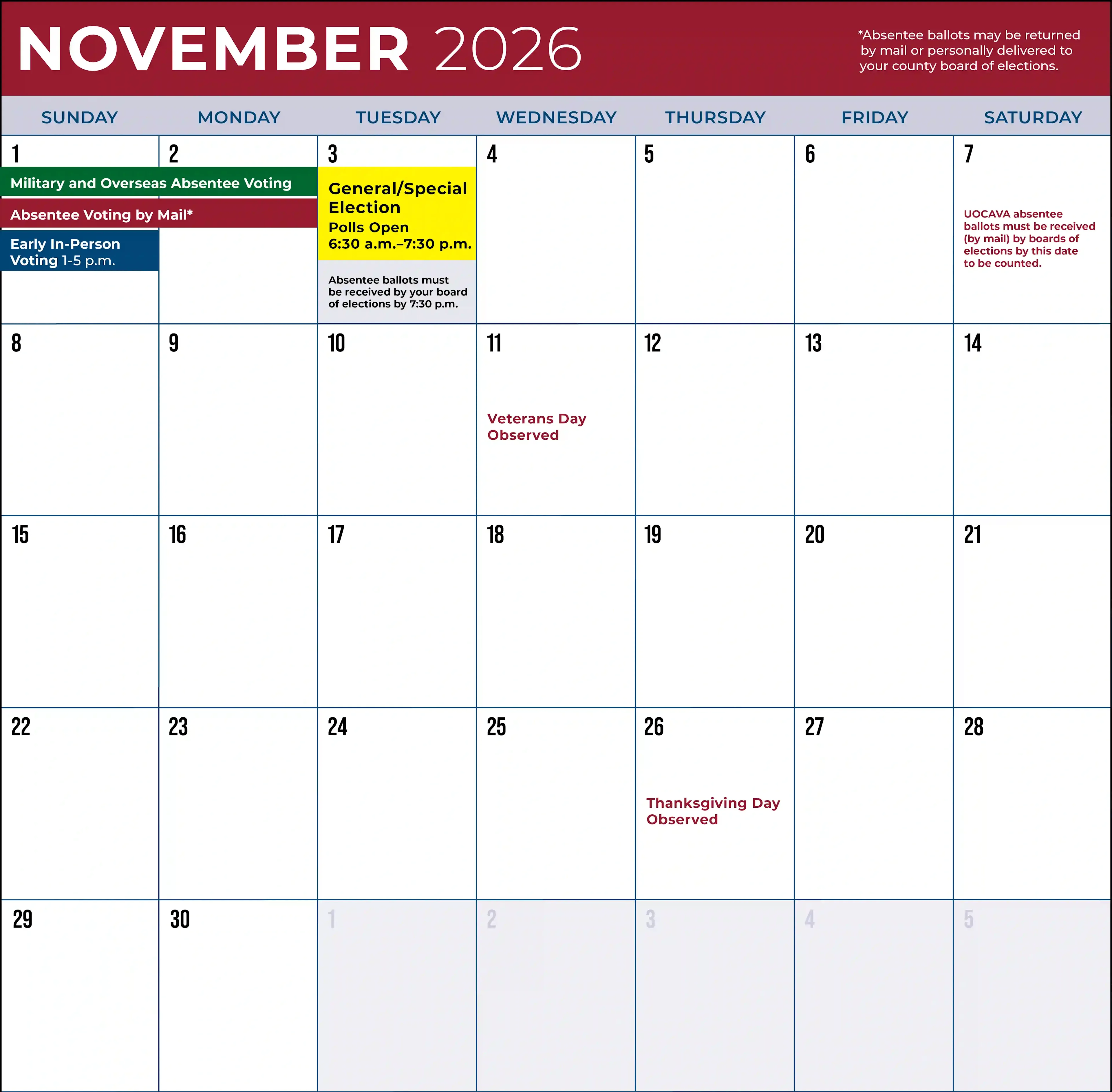 November 2026 voting calendar highlighting General/Special Election Day on November 3 and voting deadlines.