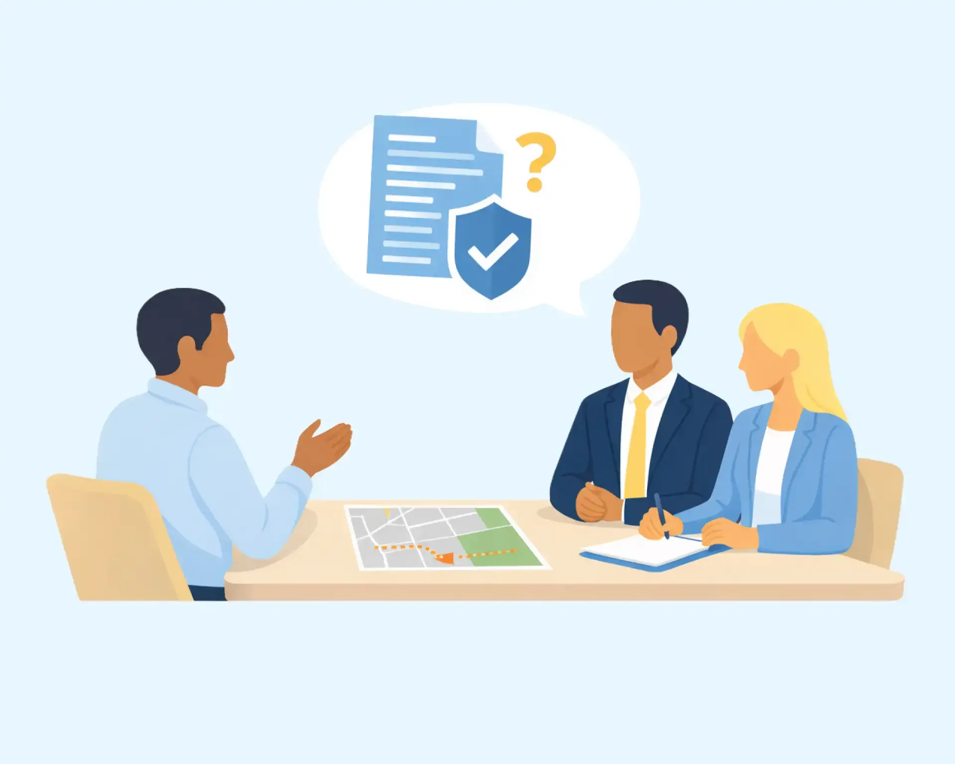 Illustration of people meeting to review documents and verify information.