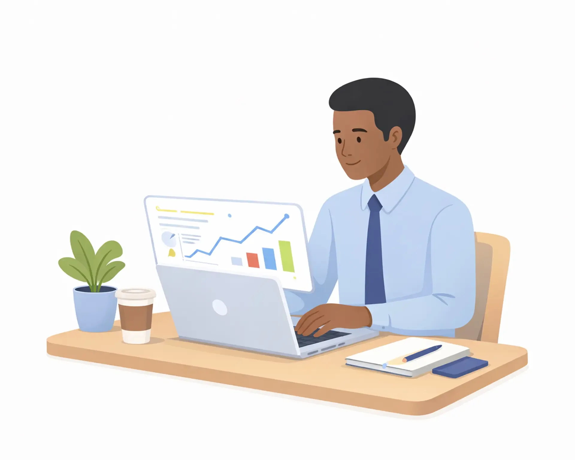 Illustration of a man working on a laptop reviewing charts at a desk with a plant and coffee.