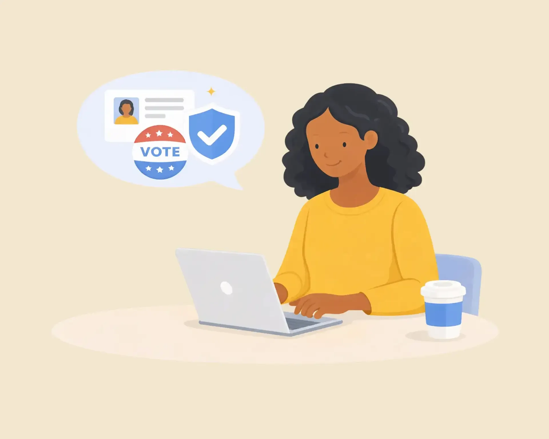 Illustration of a person registering to vote online with ID verification icons.