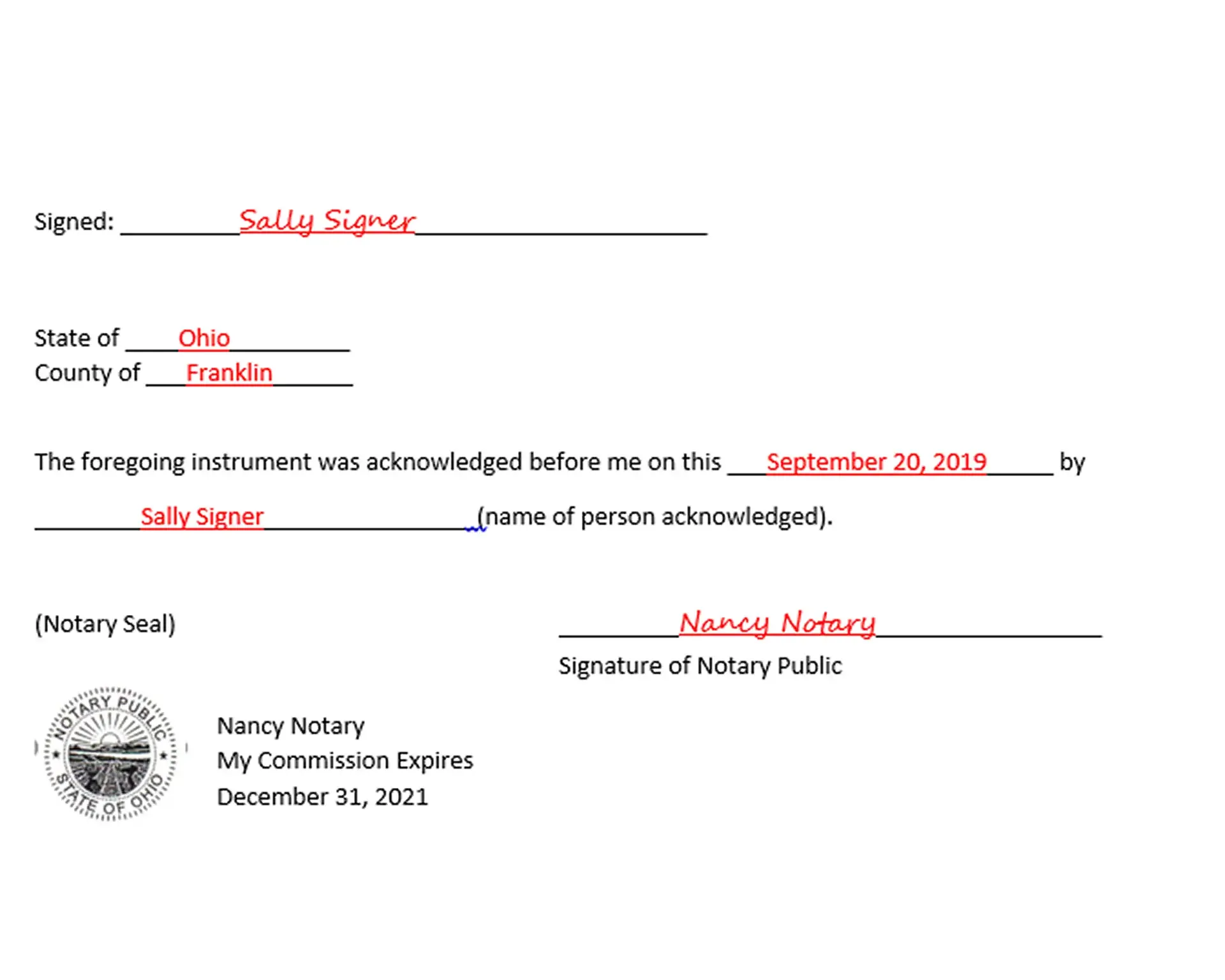 Completed notary acknowledgment form with signatures, date, and notary seal.