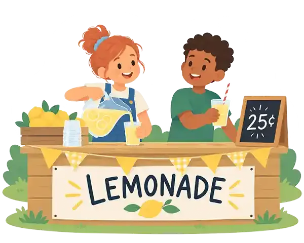 Young girl and boy selling lemonade for 25 cents.