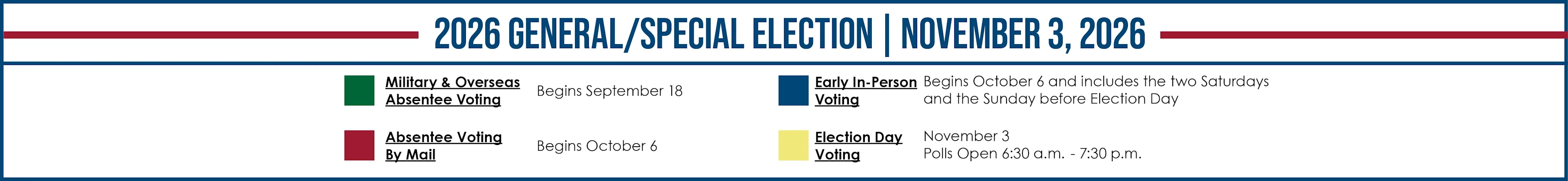 Header showing 2026 General/Special Election on November 3, with absentee and early voting start dates.