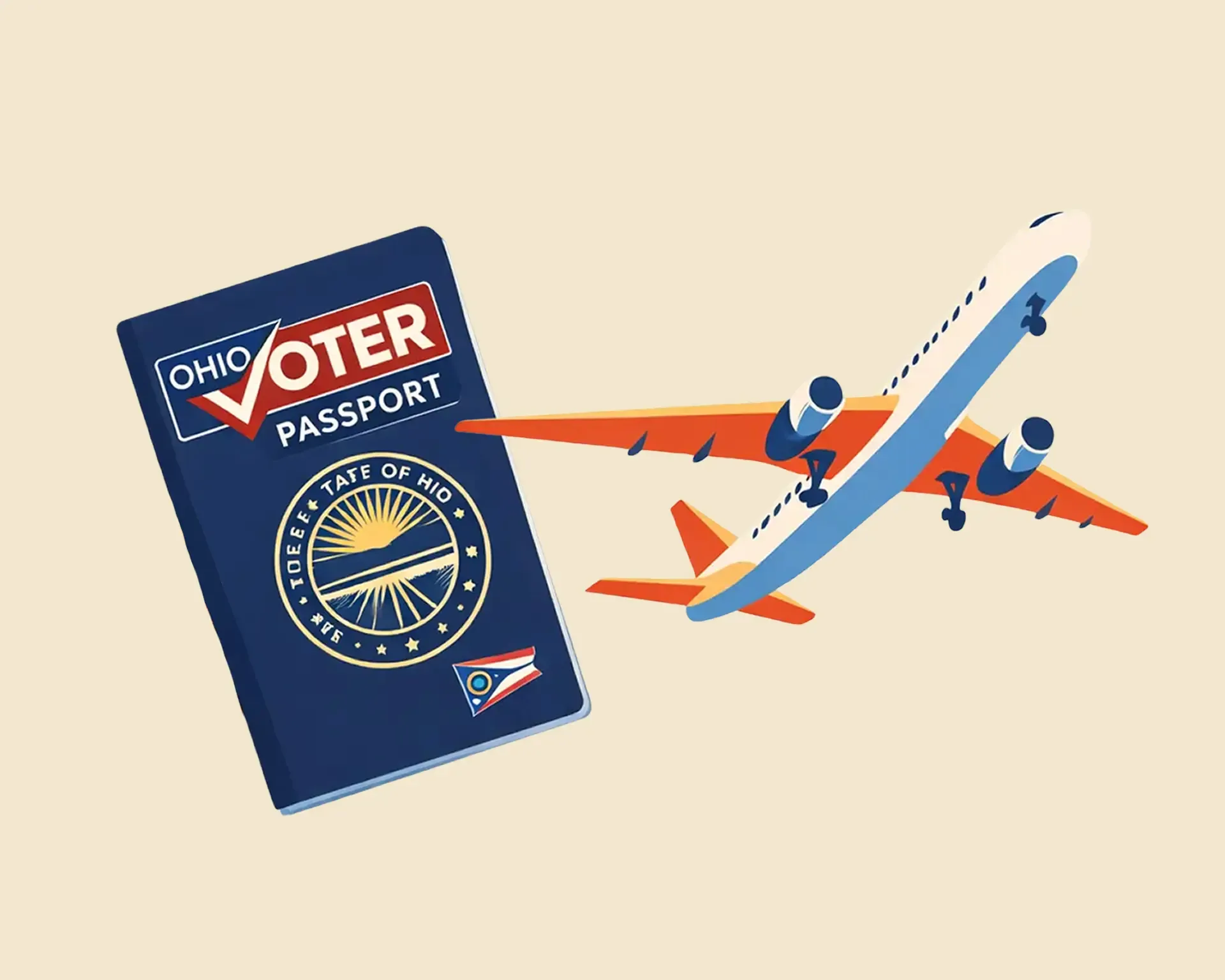 Illustration promoting voting by mail for military or overseas voters, with a passport and airplane.