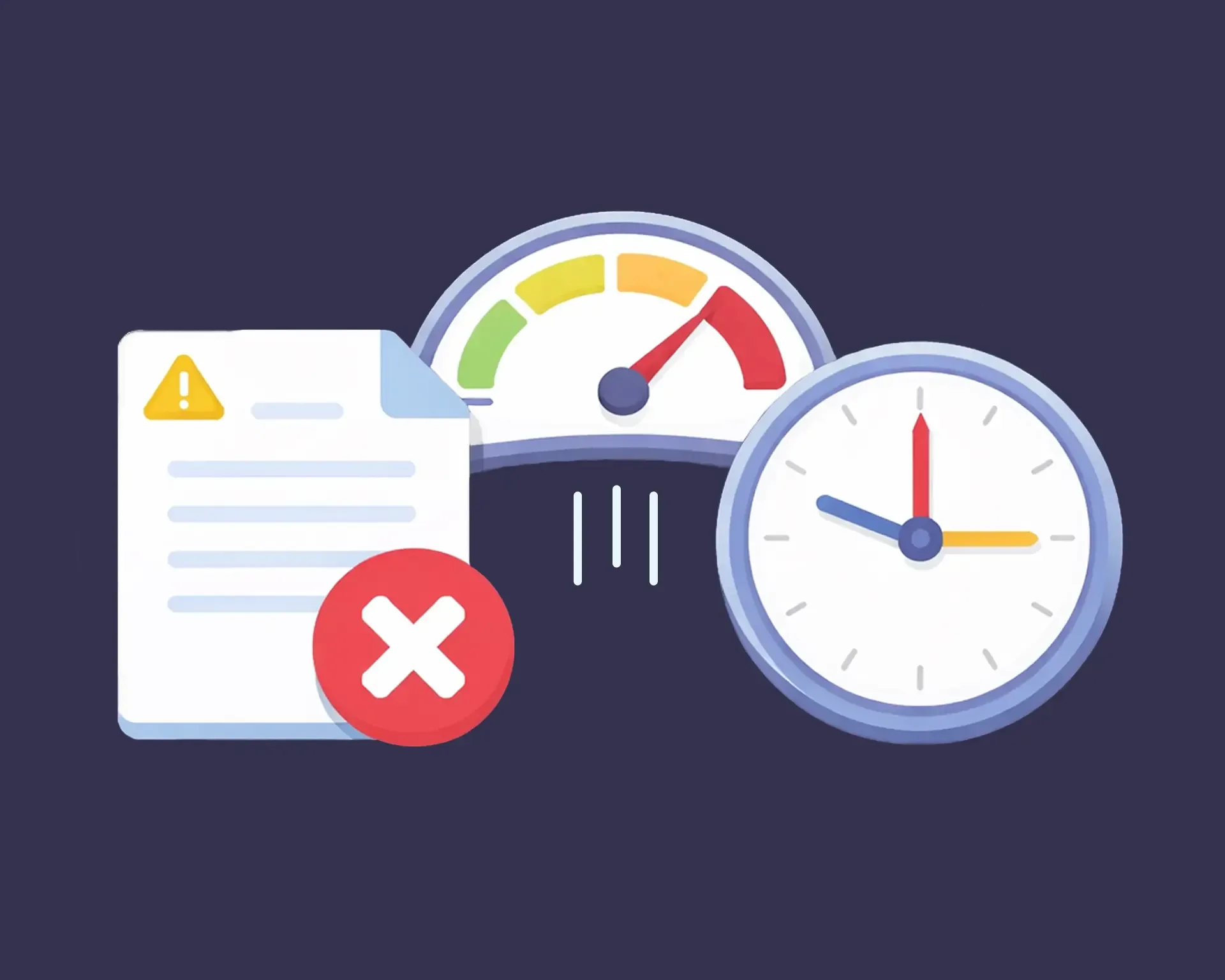 Illustration of a warning document, gauge, and clock symbolizing a deadline.