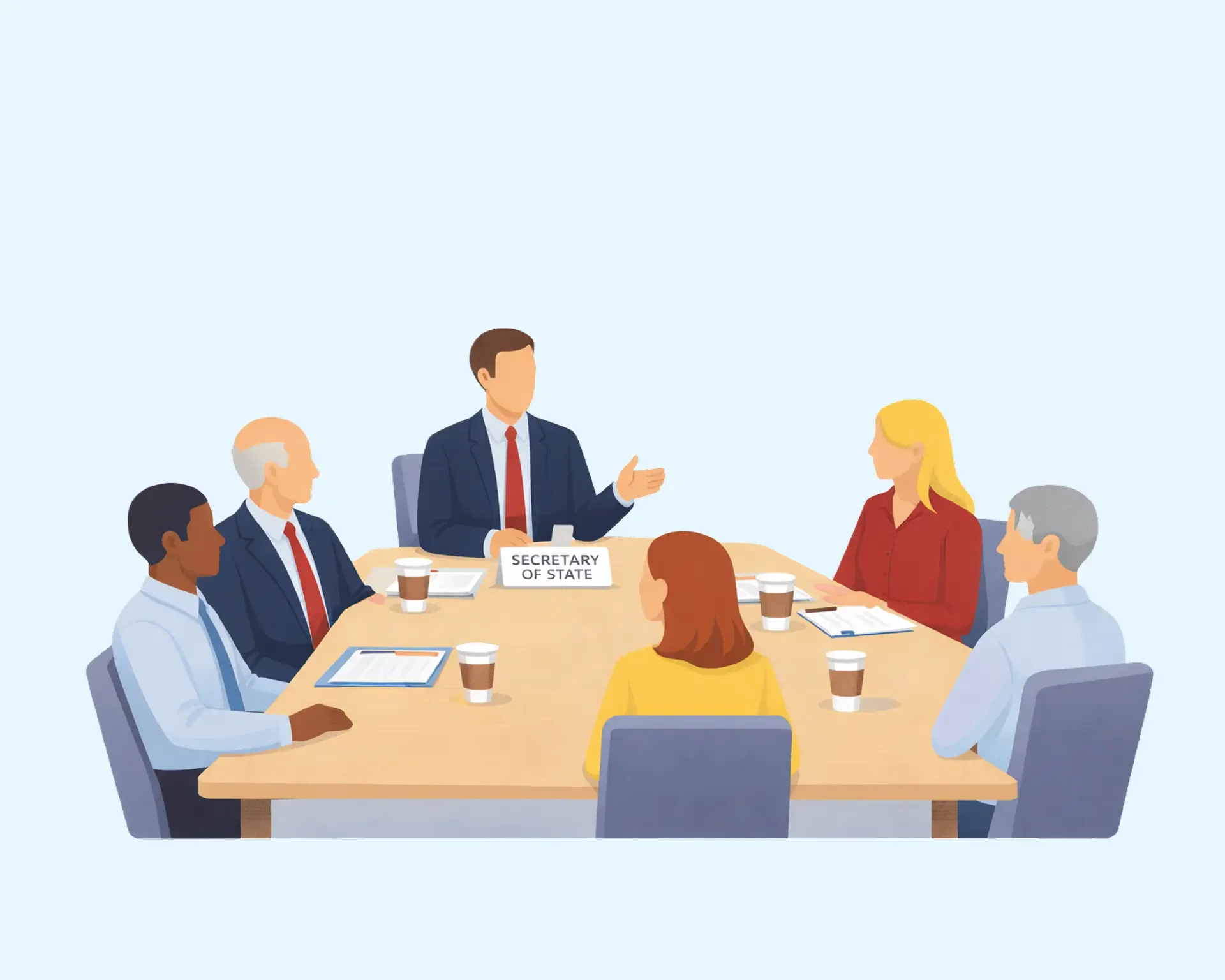 Illustration of a Secretary of State leading a discussion with a Ballot Board at a conference table.
