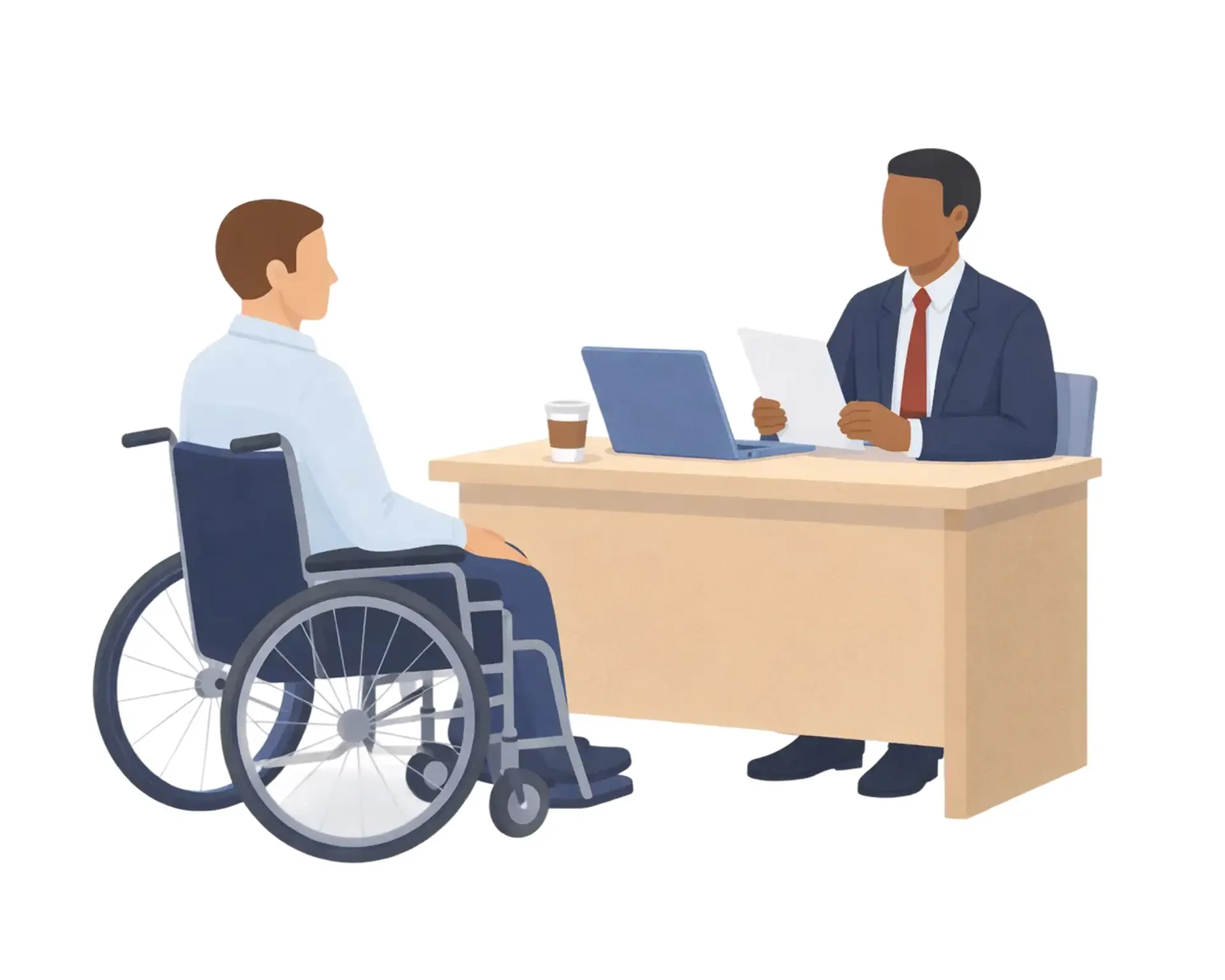 Illustration of a man using a wheelchair meeting with an official at a desk.