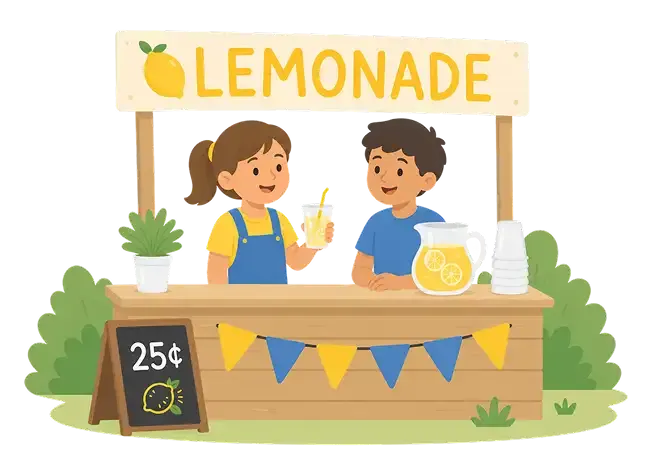 Two children selling lemonade for 25 cents at a stand