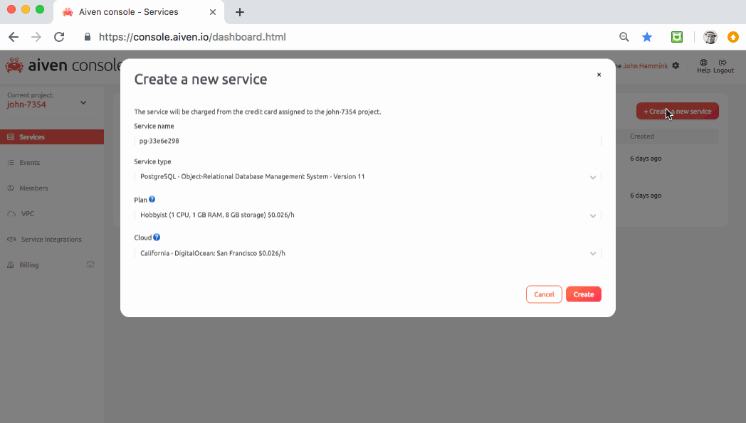 gif of creating new service in aiven console