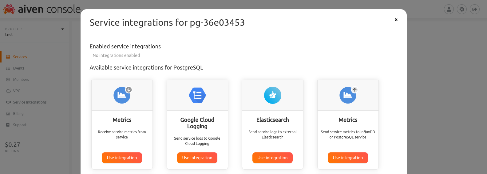 select cloud logging from list of integrations