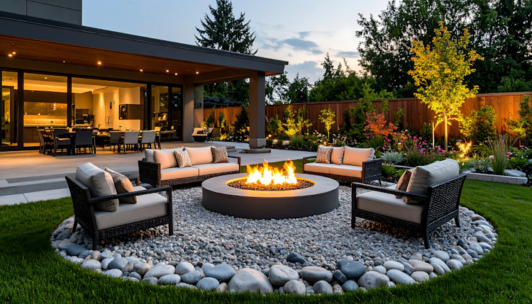 Round fire pit in garden