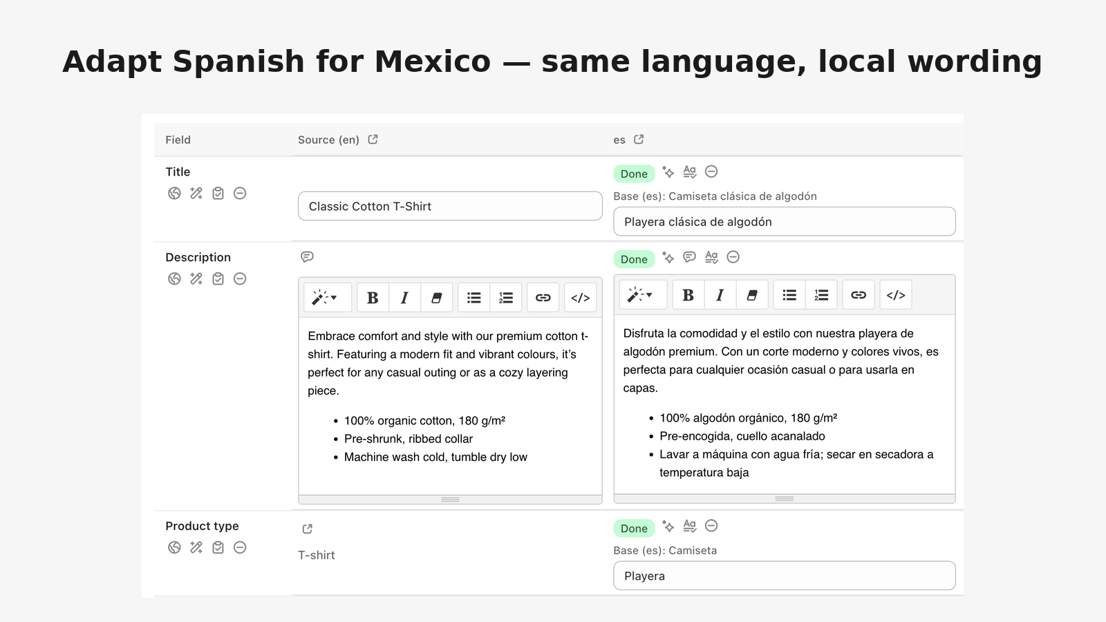 Product translation with regional Spanish for Mexico