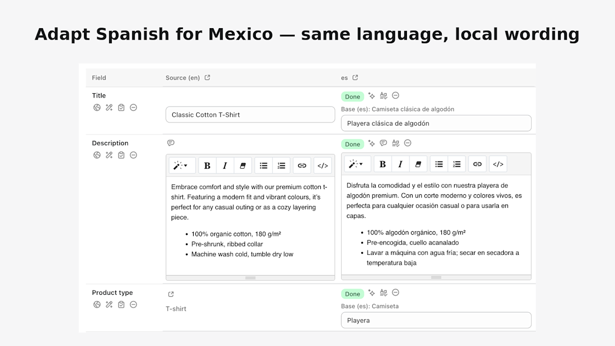 Product translation with regional Spanish for Mexico