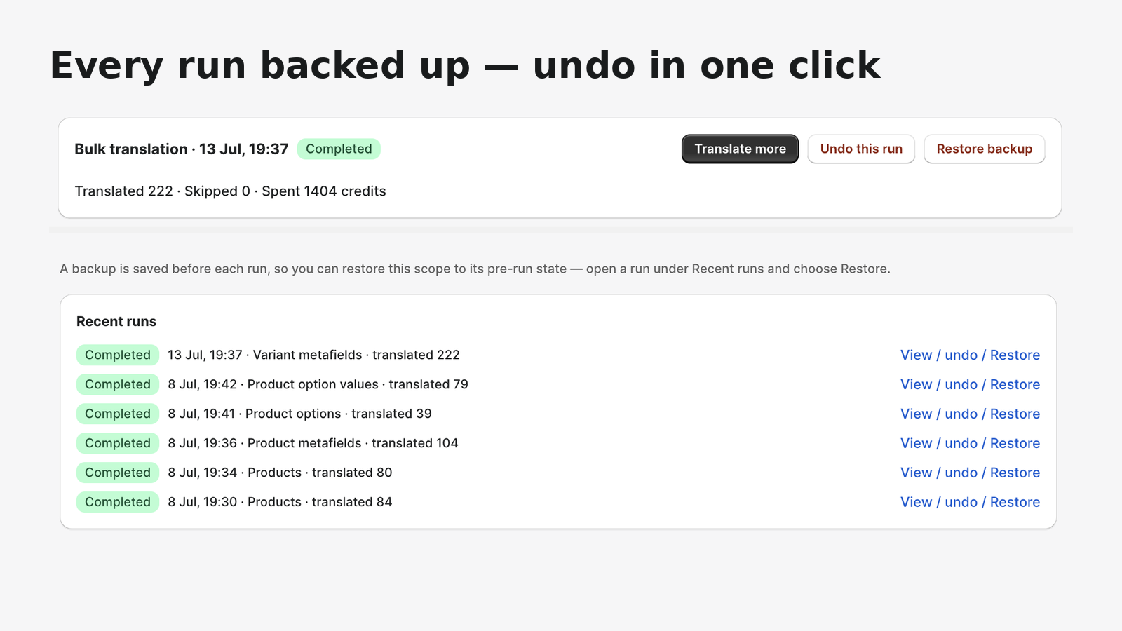 Completed translation runs with backup, undo and restore