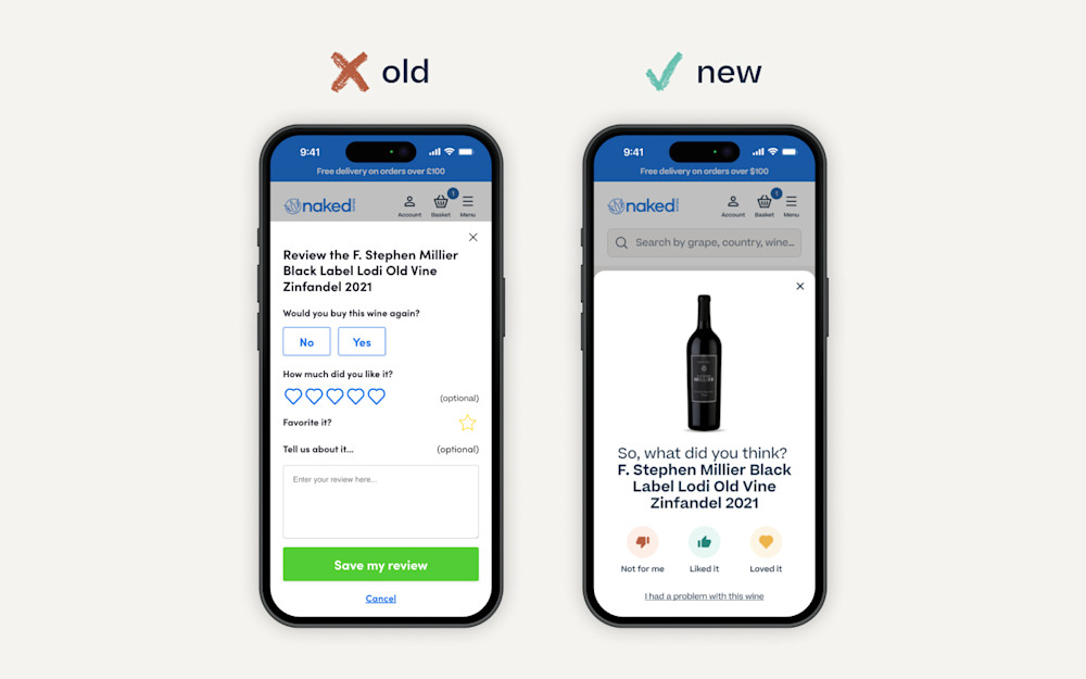 Image of the old ratings flow compared to the new ratings flow 