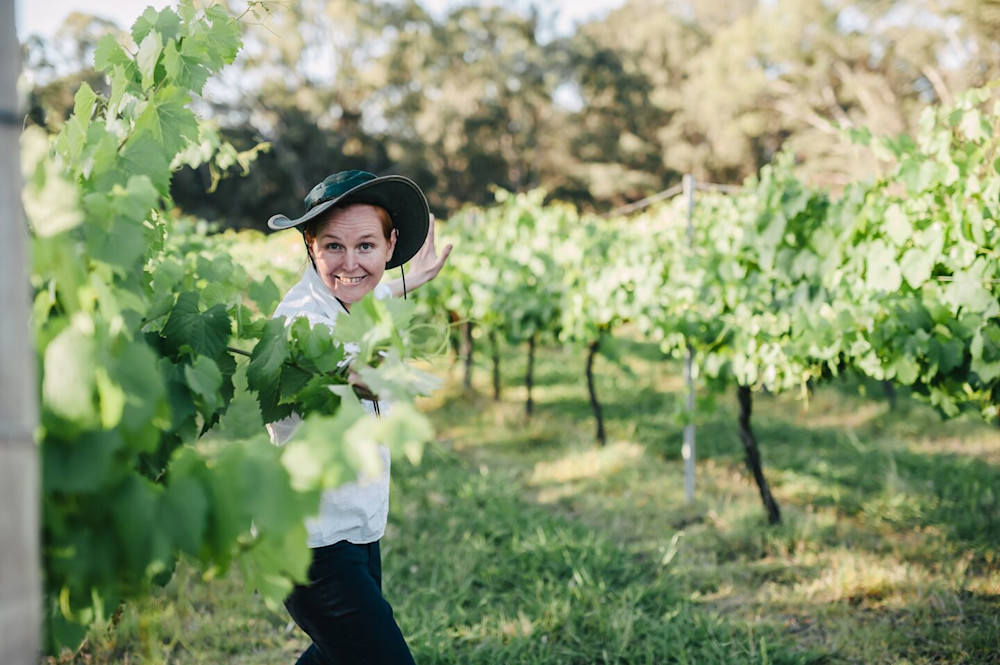 Naked hero Jen Pfeiffer in her natural habitat – a little rebellious, a lot of fun, and 100% Aussie winemaker energy.