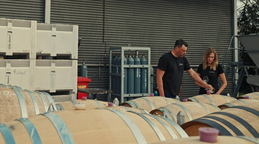 Adrian & Rebecca Santolin with the wine that you backed them to make. 