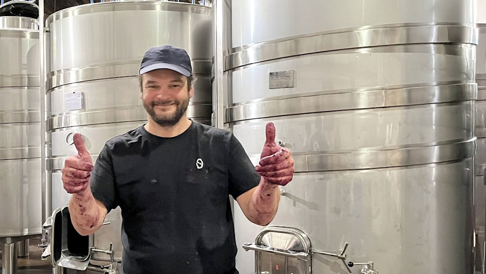 Caught red-handed! Diego Spinoglio makes some of Uruguay’s finest Tannat. This is what hands-on winemaking looks like… and yes, it stains.