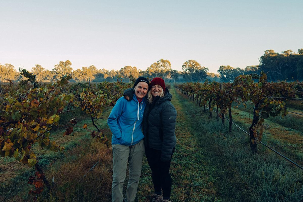 Jen Pfeiffer and Lulu in Jen's vineyard in Rutherglen.
