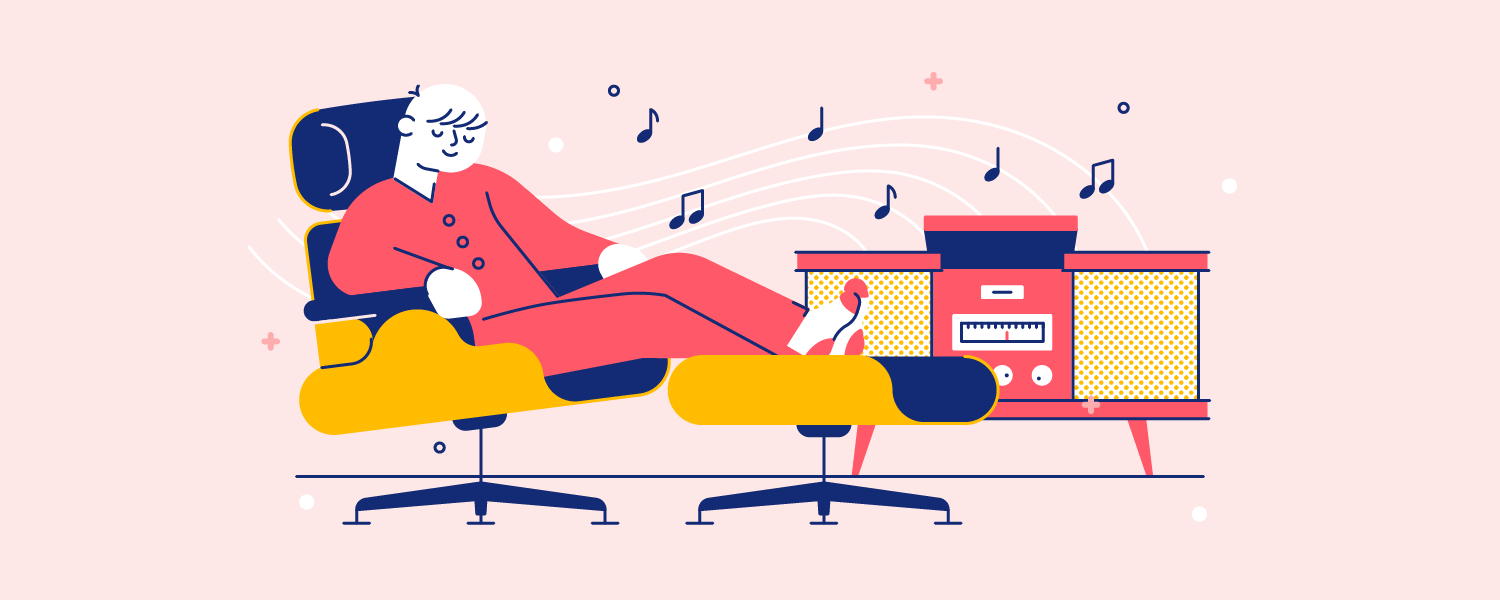 A man lounges in pajamas and listens to music. Illustration.