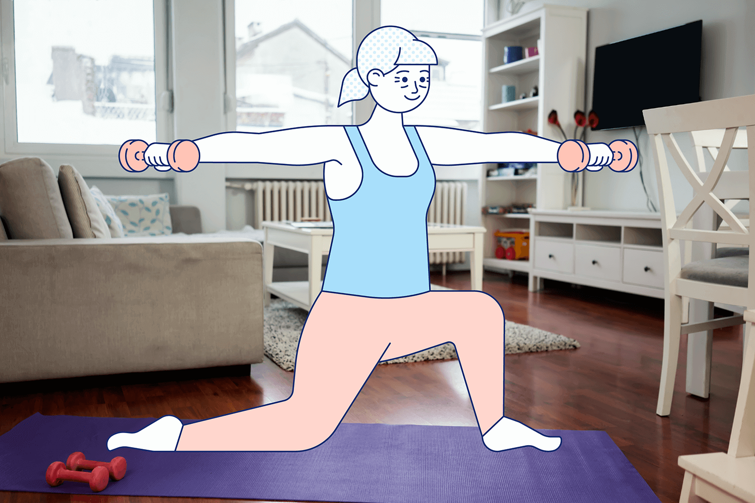 A woman lifts small weights on a yoga mat. Illustration.
