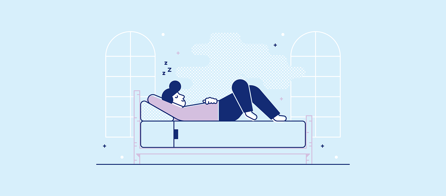A person snoozes with their legs crossed on a Casper mattress. Illustration.