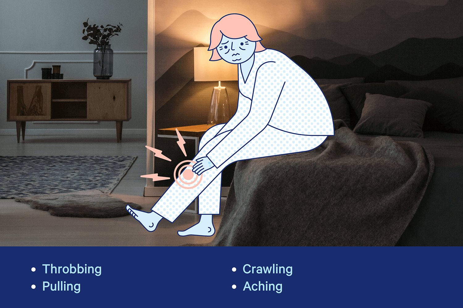 A woman massages her legs in a dimply lit bedroom. Illustration.