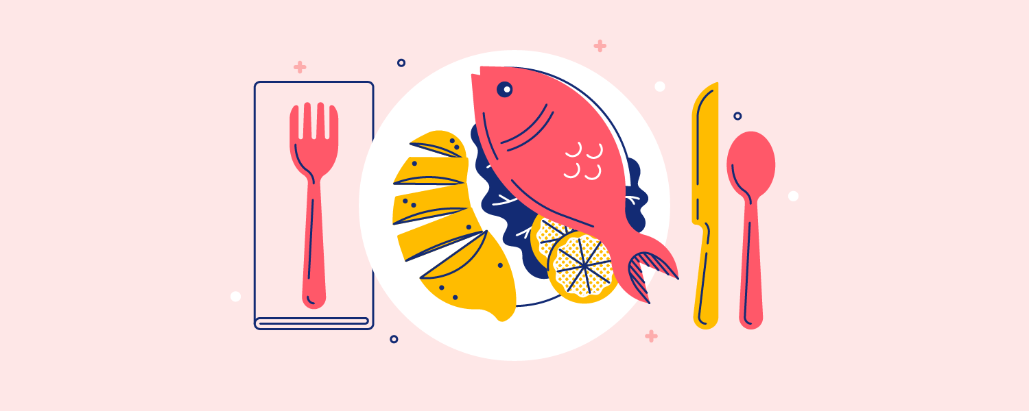 A dinner plate with fish and lemon. Illustration