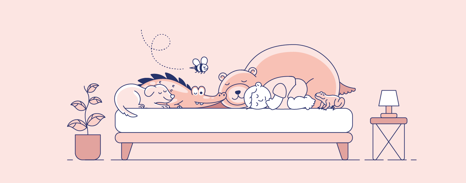 Animals and a human sleeping next to each other on a cozy Casper mattress. Illustration.