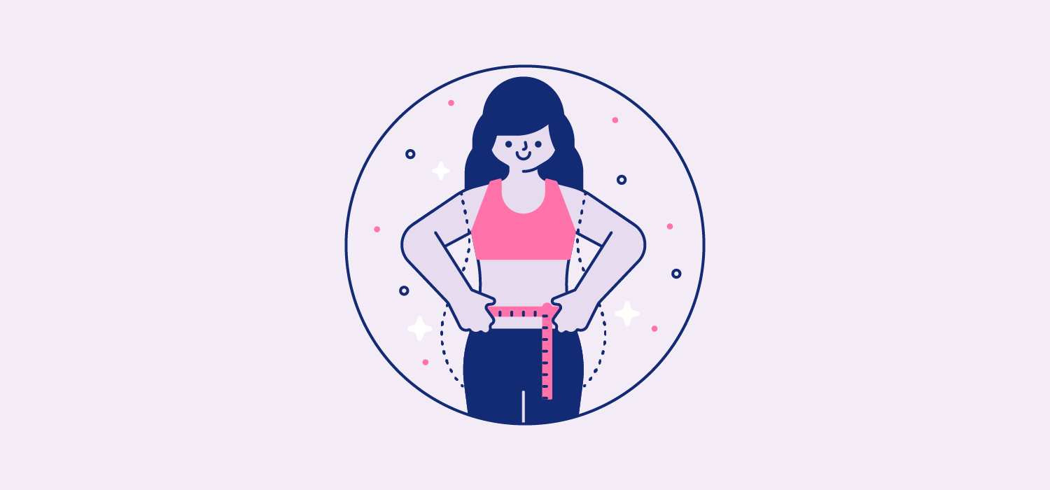 A person smiles while measuring their waist. Illustration